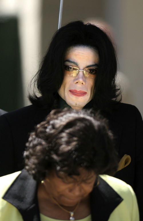 SANTA MARIA, CA - April 18: Michael and Katherine Jackson exit the Santa Barbara County Courthouse a